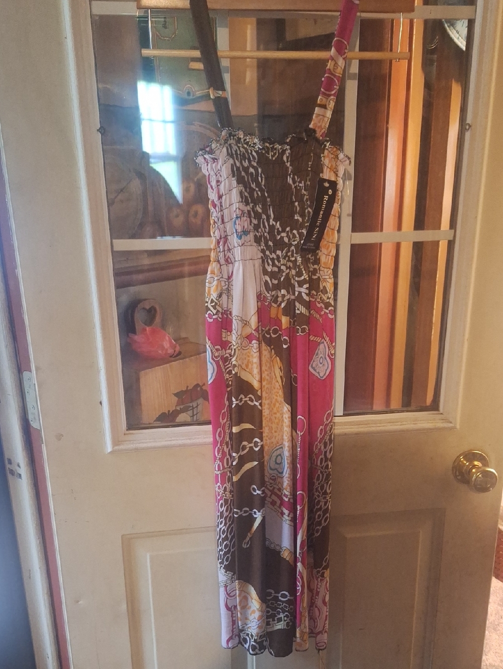 Chain-Print Smocked Maxi Dress in Pink & Brown